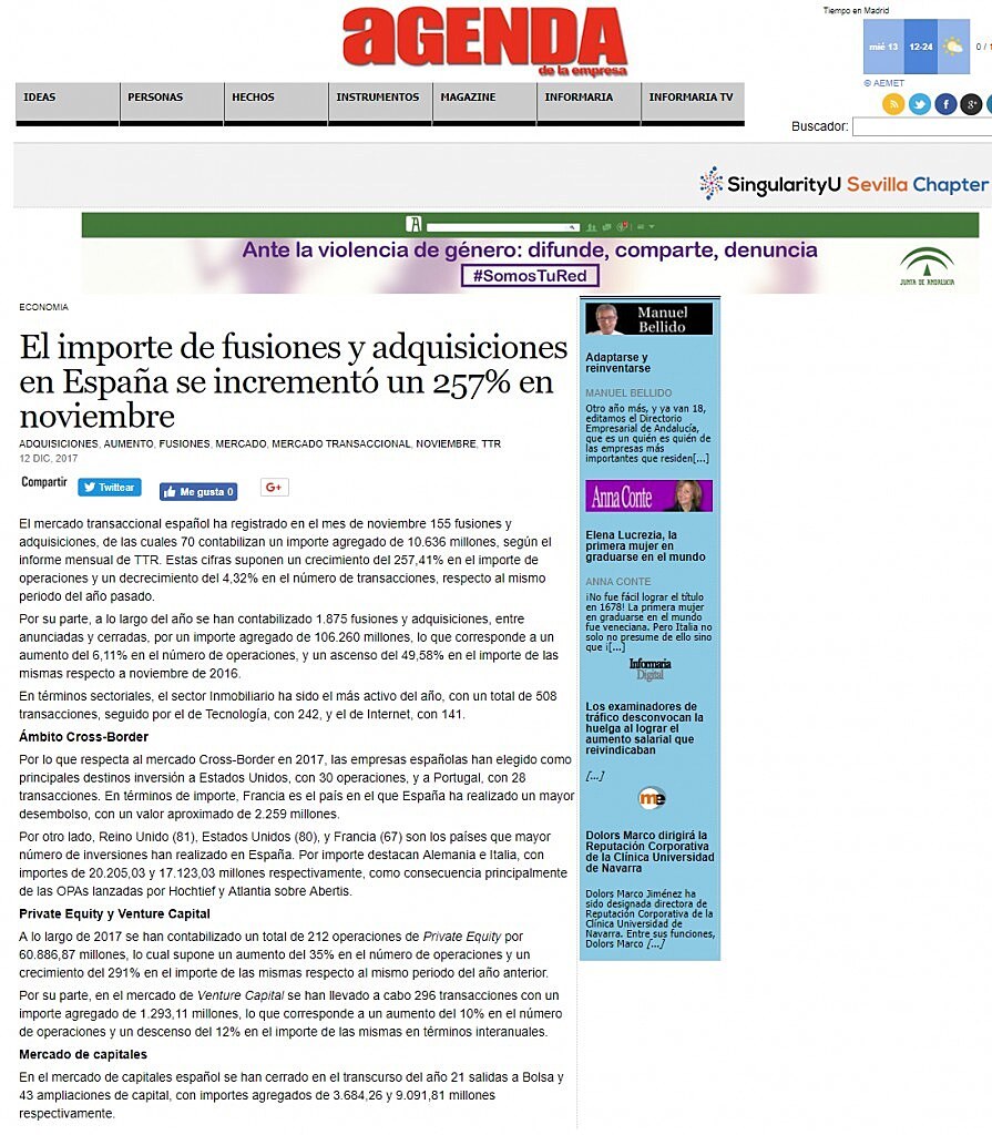 El importe de fusiones y adquisiciones en Espaa se increment un 257% en noviembre
